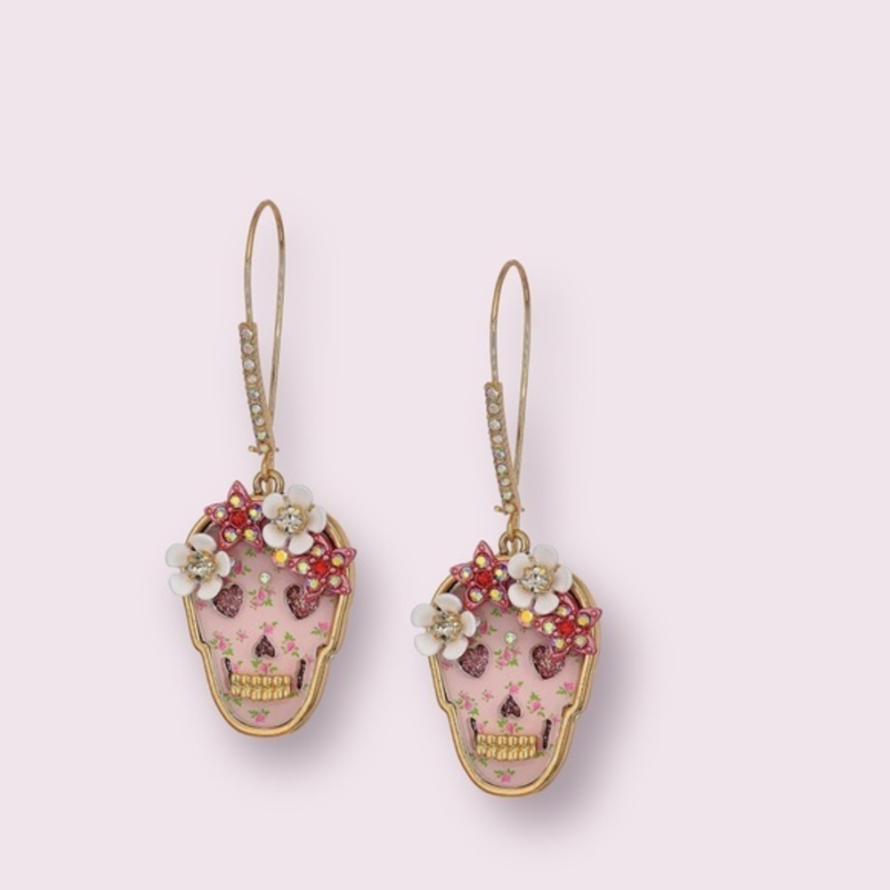 Betsey Johnson Floral Skull Dangle Earrings